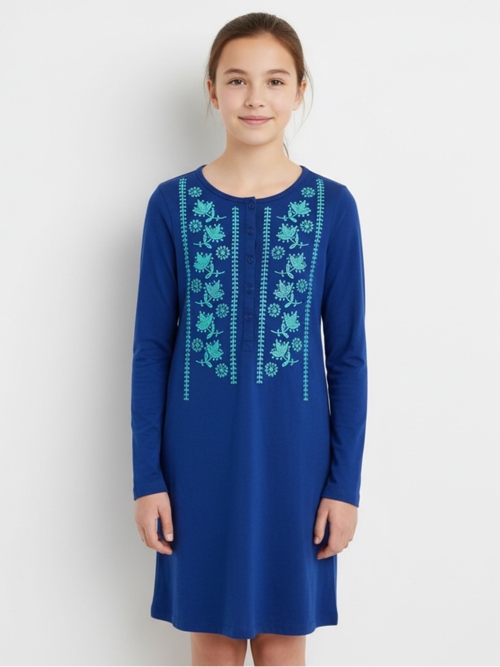 Tea Girls Royal Blue Floral Embroidered Long Sleeve Henley Dress Size 12 5203FAL